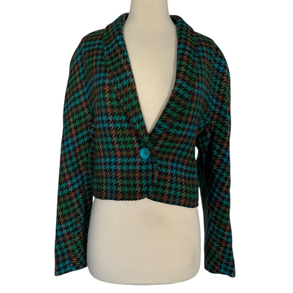 Vintage Mondi Plaid Green Brown Cropped Jacket Coat SZ 36 M Old Money Retro